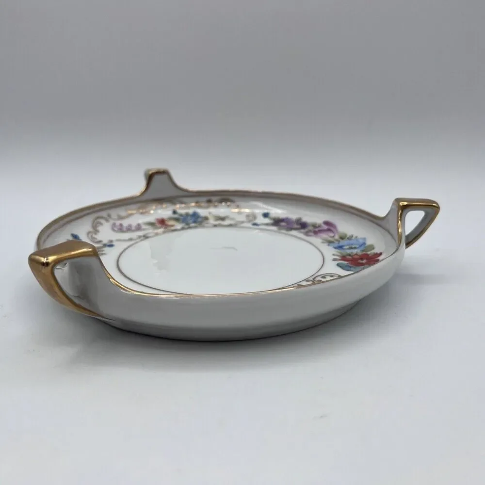 Vtg Round Hand Painted Nappy Trinket Dish 3 Handle Floral Colorful Cottagecore
